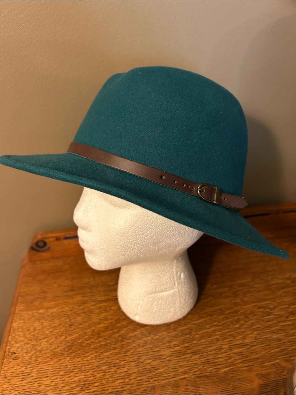 Hologramme Wide-Brim Teal Wool Felt Fedora with Brown Leather Band Italy 59